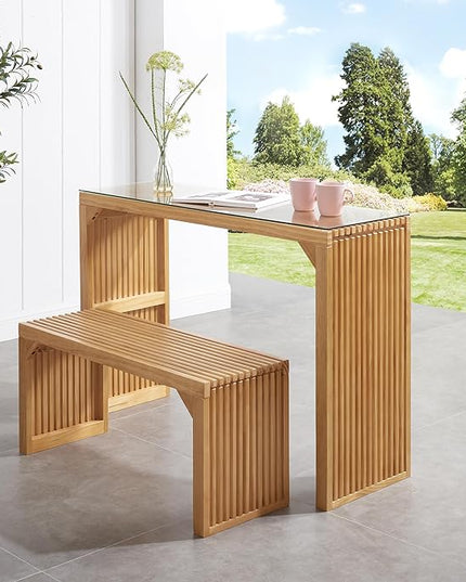 Pine Dining Long Bench and Table Set with Small Tempered Glass - Versatile Indoor Wood Furniture for Entryway, Living Room, Kitchen, and Bedroom Spaces