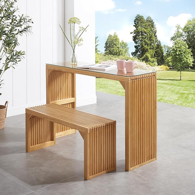 Pine Dining Long Bench and Table Set with Small Tempered Glass - Versatile Indoor Wood Furniture for Entryway, Living Room, Kitchen, and Bedroom Spaces