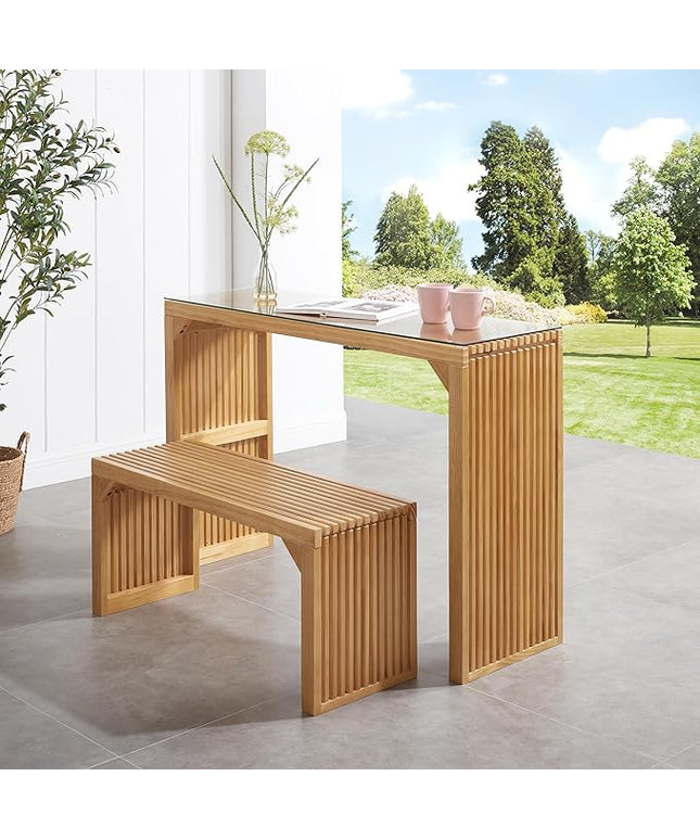 Pine Dining Long Bench and Table Set with Small Tempered Glass - Versatile Indoor Wood Furniture for Entryway, Living Room, Kitchen, and Bedroom Spaces