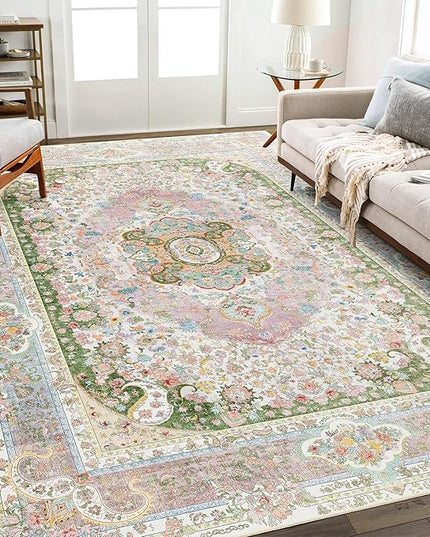 8x10 Area Rugs Washable,Pink Rug for Living Room Bedroom Dining Room,Large Boho Vintage Bohemian Distressed Carpet Non Slip,Blush Green