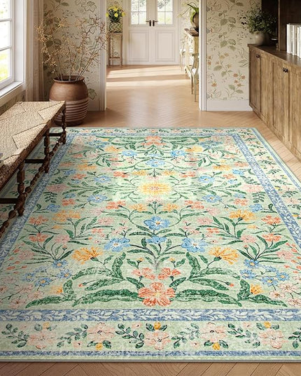 Wonnitar 10x14 Machine Washable Area Rugs, Green Floral Large Rugs for Living Room, Ultra-Thin Foldable Boho Flower Print Bedroom Carpet for Dorm Apartment Office