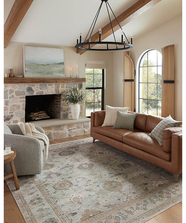 Loloi Magnolia Home by Joanna Gaines Millie Collection MIE-02 Sky/Gold 5'-3" x 5'-3", .25" Pile Height, Round Area Rug