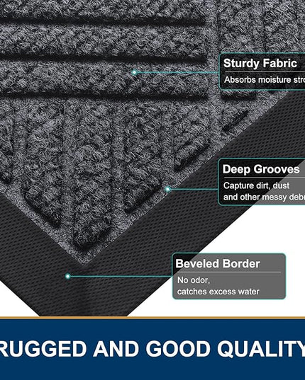 Smiry Front Door Mat Outside Entrance, Heavy Duty Outdoor Indoor Natural Rubber Doormat, Non Slip, Trap Dirt and Moisture, Easy Clean, Low Profile Patio Porch Entryway Mat, 29.5x17, Dark Grey