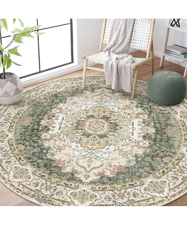 Green Round Rug 6ft,Large Circle Area Rugs for Bedroom Living Room Dining Room,Washable Boho Vintage Bohemian Distressed Oriental Carpet Non Slip,Sage Floral