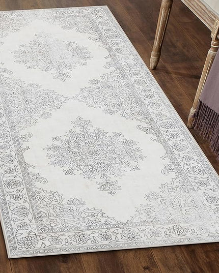 ReaLife Rugs Machine Washable Area Rug Runner - Living Room Bedroom Bathroom Kitchen Entryway Office - Padded Low Pile Stain Resistant Premium - Boho Farmhouse Vintage - Paige - Ivory 2'6" x 8'