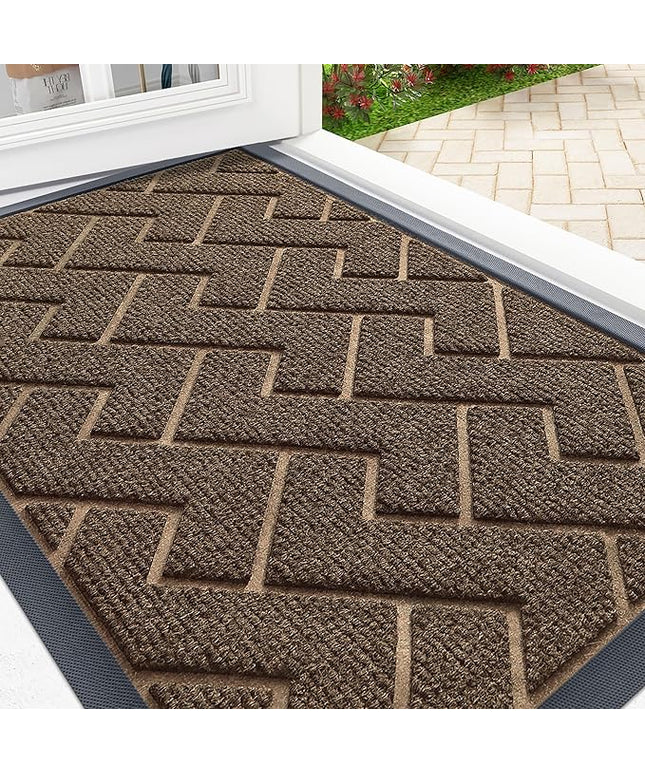 OLANLY Front Door Mat Indoor Outdoor Entrance, Waterproof All-Season, All-Weather Doormat, Sturdy Natural Rubber, Low Profile, Easy Clean Patio Porch Entryway Mat, Herringbone Brick (Brown, 29.5x17)
