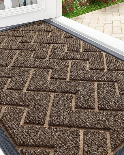 OLANLY Front Door Mat Indoor Outdoor Entrance, Waterproof All-Season, All-Weather Doormat, Sturdy Natural Rubber, Low Profile, Easy Clean Patio Porch Entryway Mat, Herringbone Brick (Brown, 36x24)
