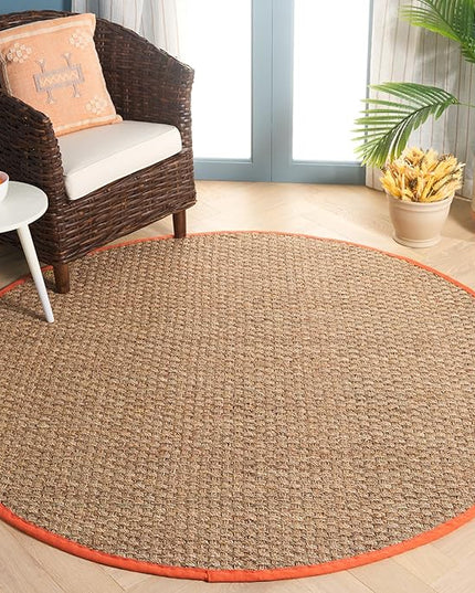 SAFAVIEH Area Rug 6' Round - Natural Fiber Collection - Natural & Rust, Seagrass, Basketweave Pattern with Border (NF114Y)