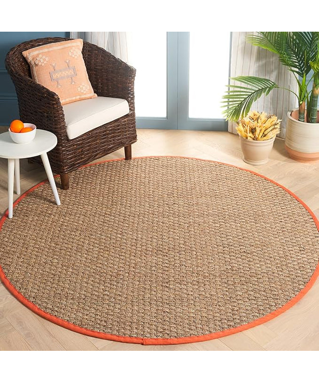 SAFAVIEH Area Rug 6' Round - Natural Fiber Collection - Natural & Rust, Seagrass, Basketweave Pattern with Border (NF114Y)
