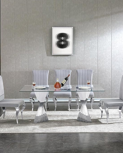 70" Glass Dining Table,Silver Dinner Room Glass Table for 6 8,Modern Kitchen Dinner Table with Stainless Steel Base and Clear Tempered Glass Top for Living Dining Room