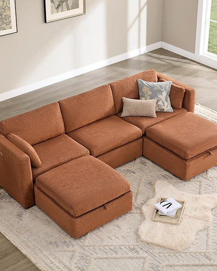 CHITA Oversized Modular Cloud Sectional Fabric Sofa Set, FSC Certified U Shaped Couch Reversible Chaise Modular Sectional,112 inch Width,5 Seat Modular Sofa Includes 2 Storage Ottomans, Terracotta