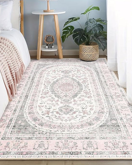 Pink Rug 3x5,Boho Washable Area Rugs for Bedroom Living Room Kitchen Entryway,Small Vintage Distressed Farmhouse Non Slip Carpet,Grey Blush Floral