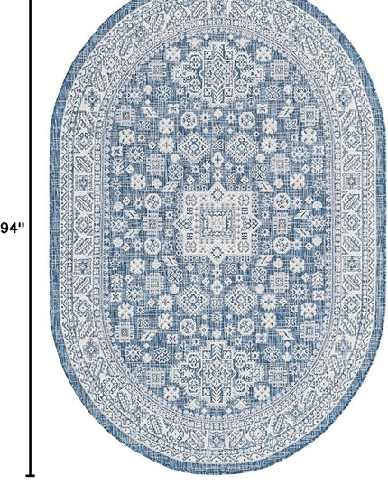 Rugs.com Outdoor Aztec Collection Rug – 5' x 8' Oval Blue Flatweave Rug Perfect for Living Rooms, Large Dining Rooms, Open Floorplans