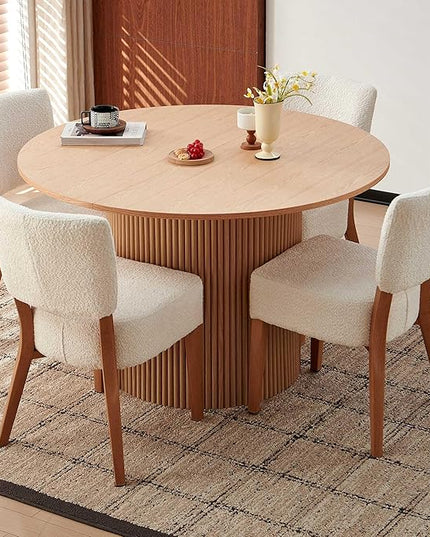 47 Inch Round Dining Table Set for 4, Modern Mid Century Circle Kitchen Dinner Wood Table with 4 Upholstered Stackable Dining Room Chairs for Living Room Apartment, Oak & White
