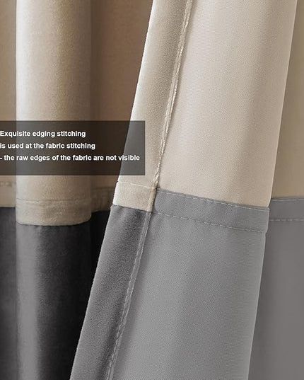 BULBUL Champagne Grey Color Block Window Curtains Panels 84 inches Long Velvet Farmhouse Drapes for Bedroom Living Room Darkening Treatment with Grommet Set of 2