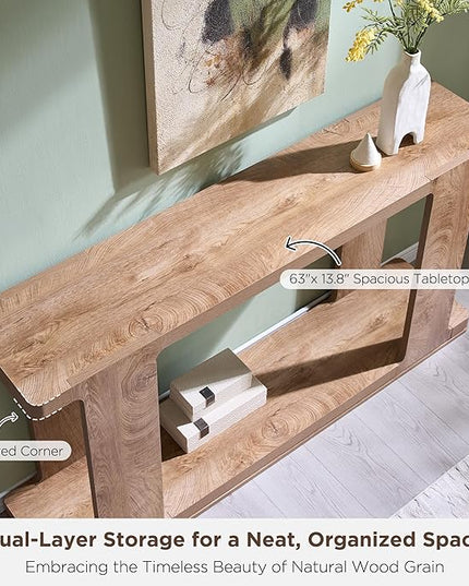 OKD 63 Inch Modern Entryway Console Table, 2-Tier Long Sofa Table Behind Couch with Curved Edge, Wood Farmhouse Narrow Entry Table for Hallway, Living Room, Foyer, Entrance, Light Tree Knot