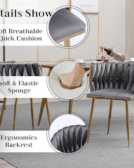 7 Piece Modern Gold Dining Set, 51'' Luxury Minimalist Kitchen Table Set, 6 Person Clear Glass Top Rectangle Dinner Set, Grey Woven Dining Chair for Home Living Room Small Place