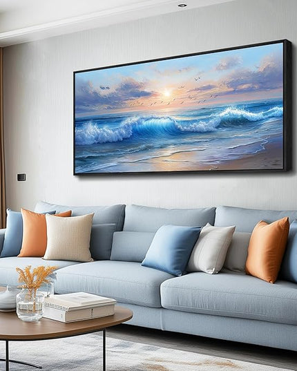 XIGUANGART Ocean Canvas Wall Art, Blue Sea Wave and Large Coastal Beach Paintings Sunset Seascape Pictures Framed Artwork Wall Decor for Living Room Bedroom Bathroom Kitchen Hallway Home Office