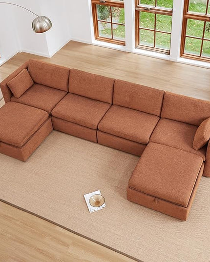CHITA Terracotta 6-Seat U-Shaped Modular Sofa Set, Extra Large Sectional Couch with Reversible Chaise, 146 inch Width, Sofa with Storage Ottomans