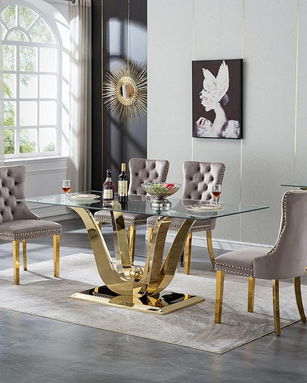 5-Piece Glass Dining Table Set w/4 Gray Upholstered Dining Chairs, 70in Rectangular Large Kitchen Table Set for 4, Glass and Gold Dining Table and Chair Set for 4