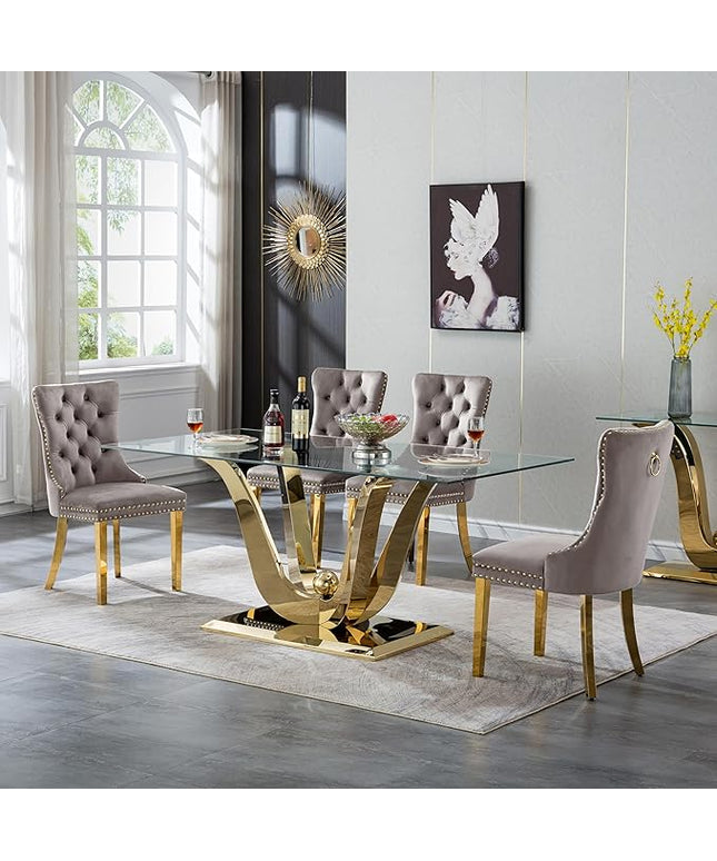 5-Piece Glass Dining Table Set w/4 Gray Upholstered Dining Chairs, 70in Rectangular Large Kitchen Table Set for 4, Glass and Gold Dining Table and Chair Set for 4