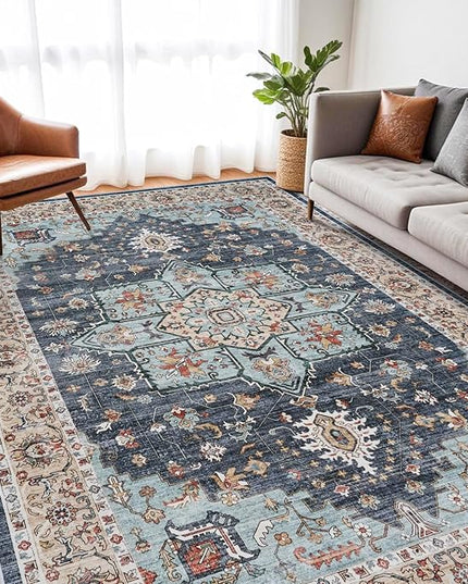 Washable Oriental Area Rug - 7x9 Rugs for Living Room Soft Carpet for Bedroom Waterproof Floral Distressed Indoor Stain Resistant Non-Shedding Floor Carpets (Blue/Teal/Orange, 7x9)