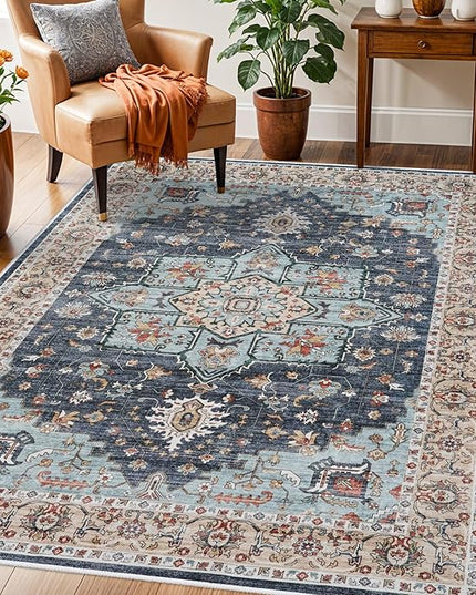 Washable Oriental Area Rug - 3x5 Rugs for Living Room Soft Carpet for Bedroom Waterproof Floral Distressed Indoor Stain Resistant Non-Shedding Floor Carpets (Blue/Teal/Orange, 3x5)