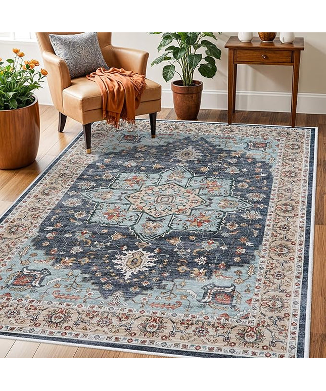 Washable Oriental Area Rug - 3x5 Rugs for Living Room Soft Carpet for Bedroom Waterproof Floral Distressed Indoor Stain Resistant Non-Shedding Floor Carpets (Blue/Teal/Orange, 3x5)