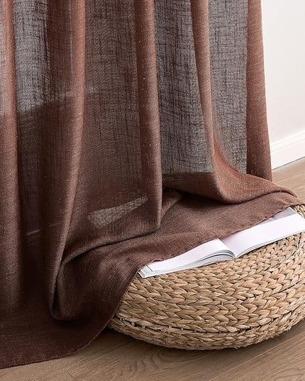 MIULEE Chocolate Brown Linen Curtains 63 Inch Length 2 Panels for Bedroom Living Room, Soft Thick Linen Textured Natural Window Drapes Semi Sheer Light Filtering Back Tab Rod Pocket Burlap Look Decor