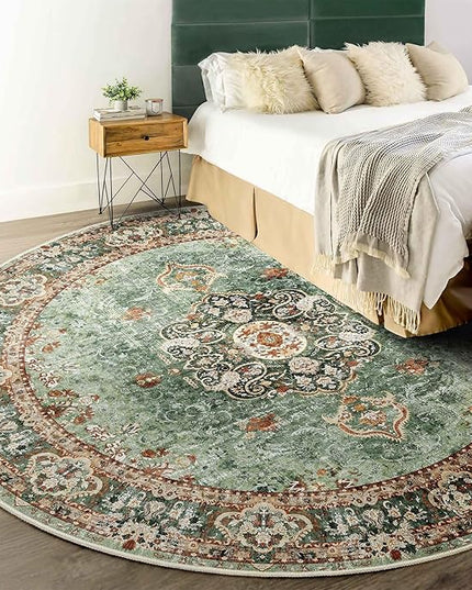 Green Round Rug 6ft,Large Circle Area Rugs for Bedroom Living Room Dining Room,Washable Boho Vintage Bohemian Distressed Oriental Floral Carpet Non Slip,Sage