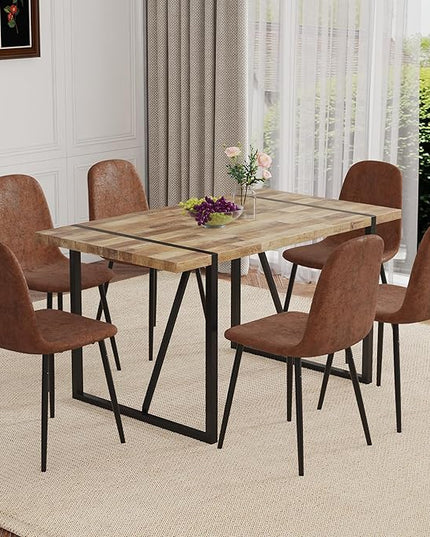 6 Chair Dining Table Set，Dinner Table Set for 6, 55'' Kitchen Table and PU Leather Chairs Set of 6, 7 Piece Dining Table Set for Kitchen Dining Room