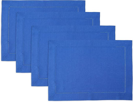 Solino Home Linen Placemats Set of 4 - Classic Hemstitch Royal Blue Placemats 14 x 19 Inch - 100% Pure Linen Table Mats for Holiday, Winter, Christmas, New Year
