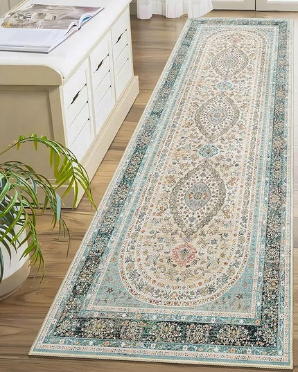 Washable Runner Rug 2x8,Blue Rug Runners Non Slip,Long Boho Rugs for Hallways Kitchen Bedroom Entryway Living Room Bathroom,Vintage Bohemian Distressed Oriental Floor Carpet,Floral