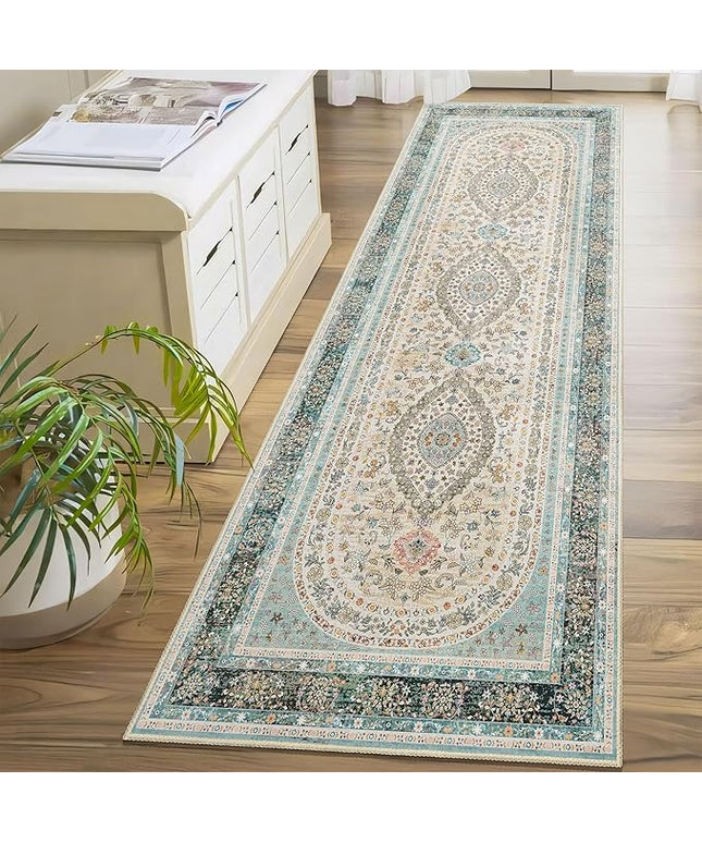 Washable Runner Rug 2x8,Blue Rug Runners Non Slip,Long Boho Rugs for Hallways Kitchen Bedroom Entryway Living Room Bathroom,Vintage Bohemian Distressed Oriental Floor Carpet,Floral