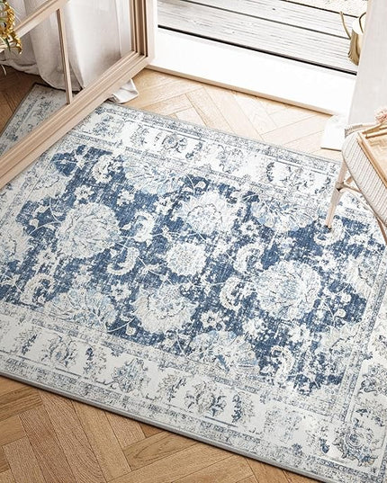 jinchan Fiora Floral 2x3 Rug for Entryway - Vintage Washable Small Non-Slip Distressed Indoor Doormat Ultra-Thin Low-Pile Accent Rug for Entrance Kitchen Bedroom Bathroom (2x3ft, Dark Blue)
