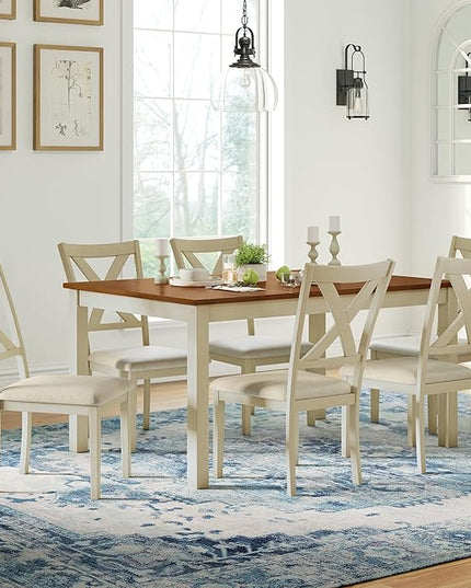 AMERLIFE 7-Piece Farmhouse Solid Wood Dining Table Set with 6 Upholstered Chairs, 60" Space Saving Dinner Table & Chairs Set, for Dining Room, Kitchen, Restaurant, Rustic Cream