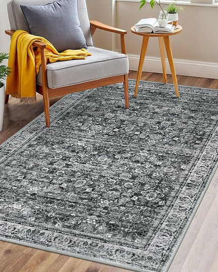 3x5 Washable Area Rug for Entryway, Moss Charcoal Soft Distressed Floral Rug with Non-Slip, Low-Pile Vintage Neutral Area Rugs for Living Room Nursery Bedroom, Dorm Carpet with Non-Shedding