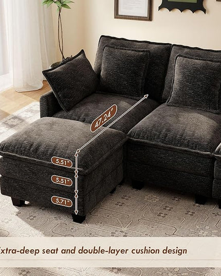 Ihanherry 106" U-Shaped Modern Sofa Modular Sectional Cloud Couch 6-Seat Chenille Seat Sofa with Ottoman for Living Room, Bedroom and Apartment, Black