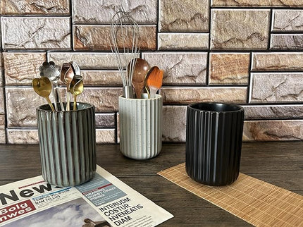 Stoneware Coffee Bar Utensil Holder Tea & Coffee Spoon & Stirrer Holder for Stir Stick Straw Teaspoon Holder Spoon Cup Small Utensil Jar Fluted Vertical Stripe (Retro Grey)