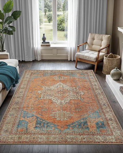 GLN Rugs Traditional Collection - Machine Washable Area Rug, Traditional Washable, Non Slip, Low Pile Chenille Rug, Living Room, Bedroom, Kitchen Rug (4'x6' Burnt Orange)