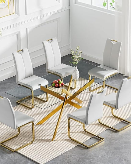 HomVent 7 Piece Rectangular Glass Dining Table Set, Rectangular Glass Kitchen Table Set for 6 with 6 PU Upholstered Dining Chairs for Kitchen Dining Room