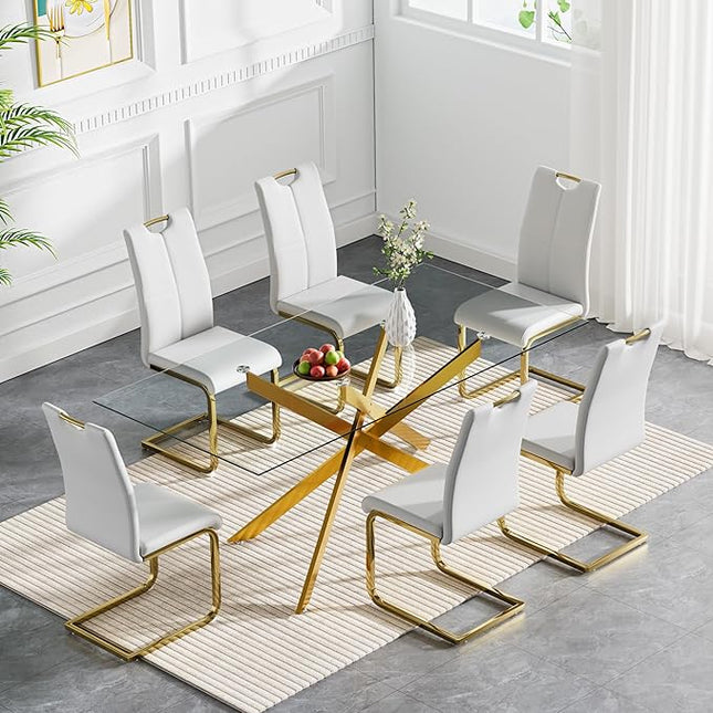 HomVent 7 Piece Rectangular Glass Dining Table Set, Rectangular Glass Kitchen Table Set for 6 with 6 PU Upholstered Dining Chairs for Kitchen Dining Room