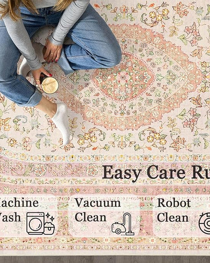 9x12 Area Rugs Washable,Pink Rug for Living Room Bedroom Dining Room,Large Boho Vintage Bohemian Distressed Farmhouse Carpet Non Slip,Blush Floral