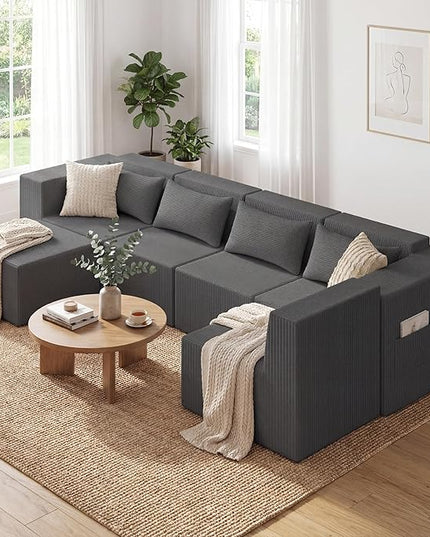 Minimalist Modular Corduroy Cloud Couch Sectional – Oversized Boneless Memory Foam Sofa for Living Room, Modern Comfy Couch, No Assembly Needed（130" U Shaped Boneless Sofa 5-Seater + 1*Ottoman,Grey）