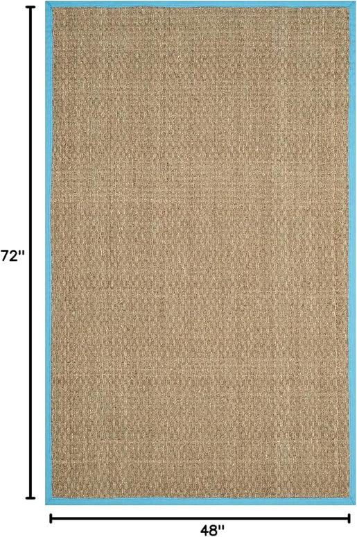 SAFAVIEH Area Rug 4x6 - Natural Fiber Collection - Natural & Turquoise, Seagrass, Basketweave Pattern with Border (NF114S)