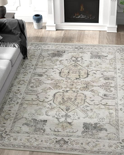 jinchan 4x6 Machine Washable Area Rug Ultra-Thin Soft Throw Rug Low Pile Non-Slip Stain Resistant Distressed Vintage Floral Carpet for Bedroom, Living Room, Dining Room, Kitchen, Nursery(4x6ft, Taupe)