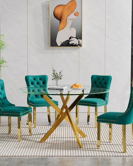Round Glass Dining Table Set for 4, 47'' Clear Circular Kitchen Table and Chairs Set, 5PCS Modern Circle Dining Room Table Set with 4 Velvet Dining Chair for Home