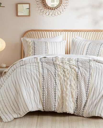 INK+IVY Imani 100% Cotton Duvet Mid Century Modern Design, All Season Comforter Cover Bedding Set, Matching Shams, King/Cal King, Ivory Chenille Tufted Accent 3 Piece