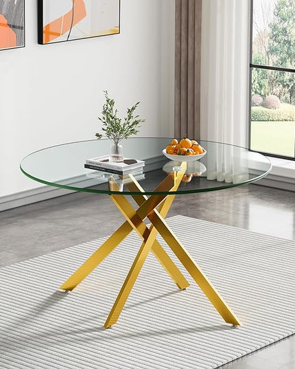 47.24" Round Glass Dining Table Modern Kitchen Glass Top Table for 6 with Gold Metal Legs, Clear Dining Table Kitchen Table for Home Office Dining Room