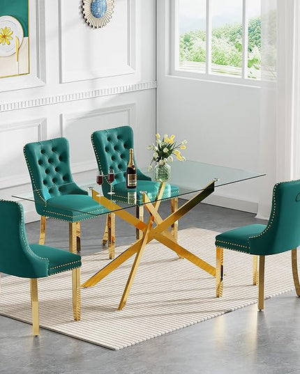 Rectangle Glass Dining Table Set for 4, 60'' Kitchen Table and Chairs Set, 5PCS Modern Dining Room Table Set with 4 Velvet Dining Chair for Home